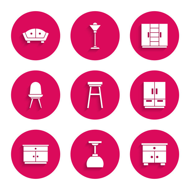 设置椅子，灯挂，家具床头柜，衣柜，和沙发图标。向量图片下载