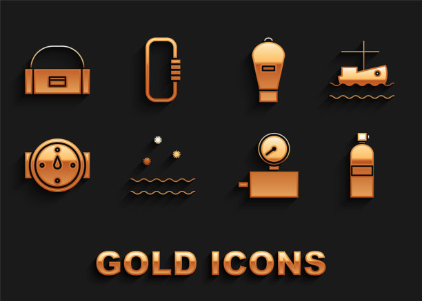 设置寒冷和波浪，渔船上的水，水浪，标尺，风上升，提升袋，箱或箱容器的摇摆和钩图标。向量图片下载