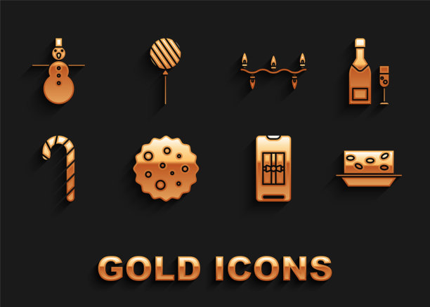 设置饼干或饼干与巧克力，香槟瓶和香槟，牛干果仁，智能手机礼盒，圣诞糖果条纹，灯，雪人和棒棒糖图标。向量图片下载