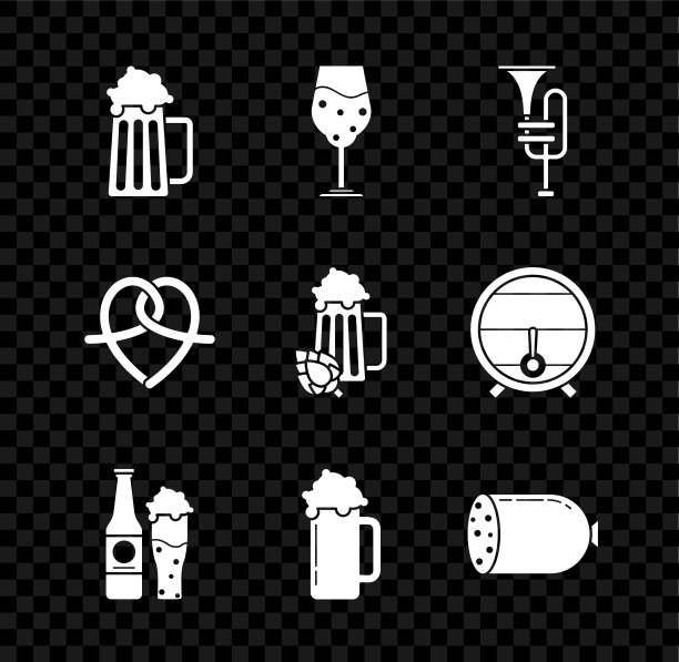 木制啤酒杯，玻璃杯，乐器喇叭，啤酒瓶和玻璃，意大利腊肠，椒盐卷饼和啤酒花图标。向量图片下载