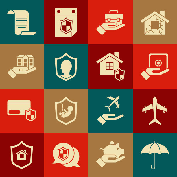 伞，飞机，安全在手中，手持公文包，人寿保险与盾牌，房子，文件和图标。向量图片下载