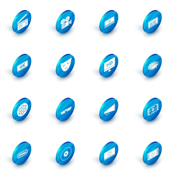 集电影摄像机，在线播放视频，在线购买电影票，电影卷轴，戏剧剧场面具，Bang boom文本语音泡泡气球和电脑电脑显示器与高清技术图标。向量图片下载