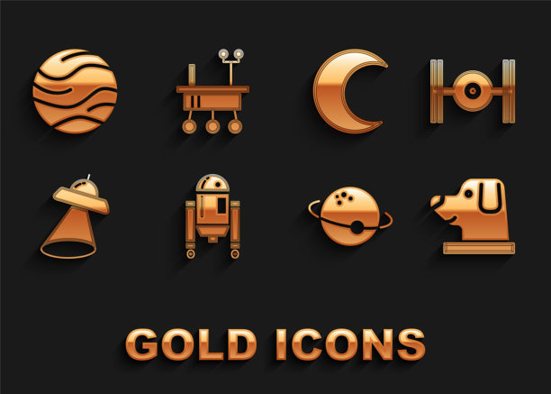 设置机器人，宇宙飞船，戴宇航员头盔的狗，行星，UFO飞行飞船，月亮和星星，火星漫游者图标。向量图片下载