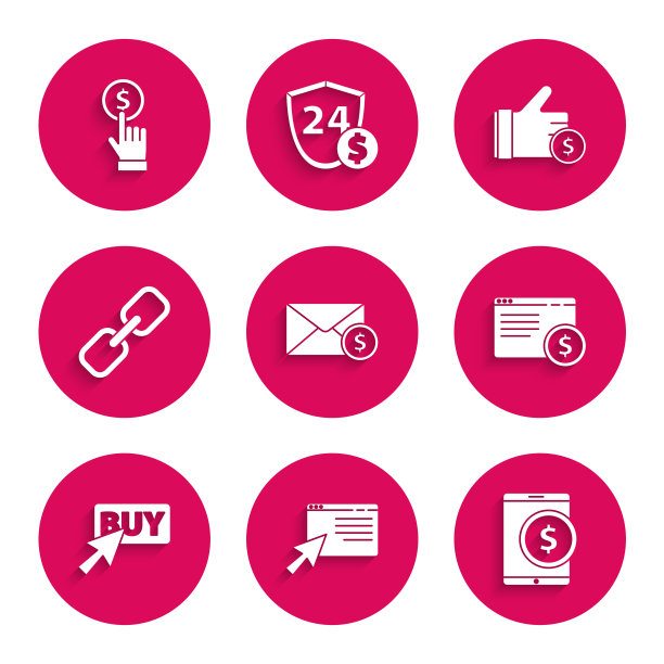 集信封与硬币美元，网上购物屏幕，平板电脑，购买按钮，链链接，手持和图标。向量图片下载
