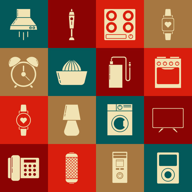 设置音乐播放器，智能电视，烤箱，煤气炉，柑橘果汁机，闹钟，厨房风扇和移动电源与不同的充电线图标。向量图片下载