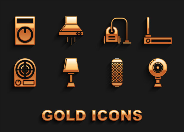 设置台灯，路由器和wi-fi信号，网络摄像头，立体声扬声器，电加热器，吸尘器，遥控器和厨房风扇图标。向量图片下载