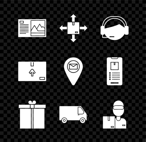 集明信片，纸箱交通符号，支持操作员接触，礼品，送货卡车车辆，男人纸箱，和占位符在地图纸图标。向量图片下载