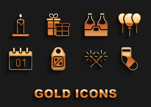 Set Price tag with Sale, Balloons ribbon, Christmas stocking, Sparkler firework, Calendar, Champagne bottle, Burning candle and Gift box icon。向量图片下载