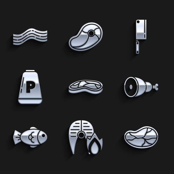 设置牛排肉，烤鱼牛排和火焰火焰，鸡腿，鱼，胡椒，肉菜刀和培根条纹图标。向量图片下载