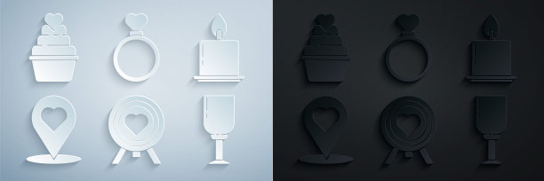 把心放在飞镖的中心，燃烧的蜡烛，地图指针与心，酒杯，结婚戒指和图标。向量图片下载