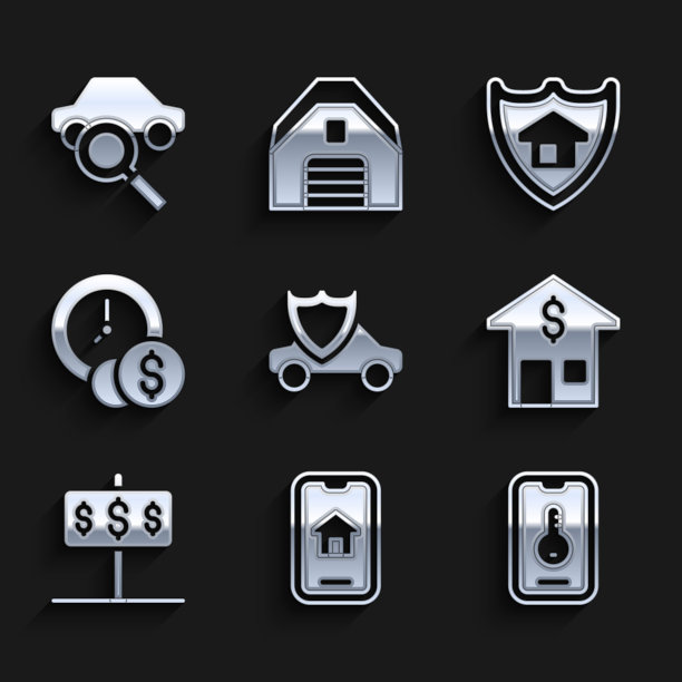 设置汽车与盾牌，在线房地产，房子美元，时间就是金钱，分享图标。向量图片下载