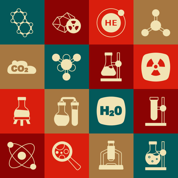 把试管烧瓶放在架子上，放射性，氦，分子，二氧化碳排放的云，和图标。向量图片下载