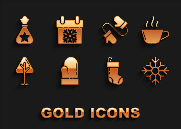 集圣诞手套，咖啡杯，雪花，袜子，树，对针织圣诞手套，圣诞老人包礼物和日历图标。向量图片下载