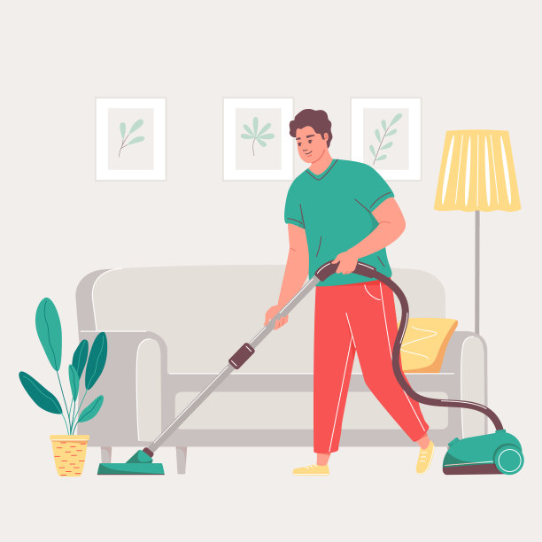 年轻人忙于打扫房子。男孩用吸尘器打扫房子。丈夫忙于家务向量插图孤立在白色背景上图片下载