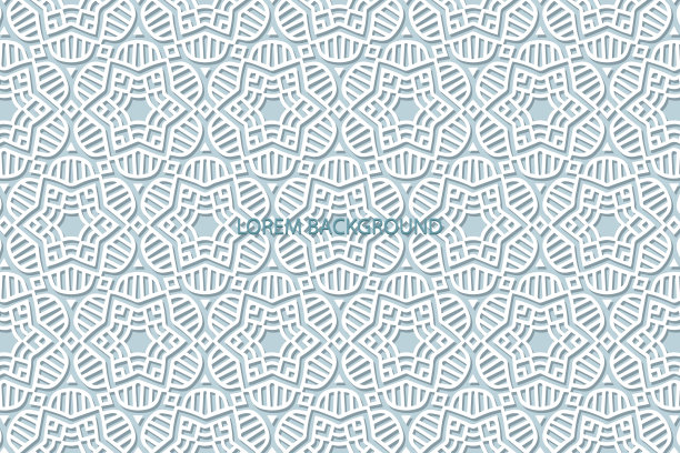 几何体积凸民族白色3D图案，封面设计。蓝色浮雕背景，艺术arabesque。切纸的效果。东方、印尼、亚洲的动机。图片下载