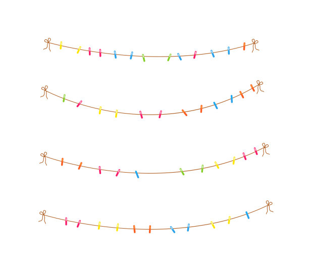 收集多彩的晒衣夹在晾衣绳上拉绳。衣服在晒衣夹上晾干。晾衣绳的家庭图片下载