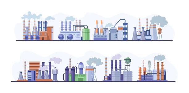 工业综合楼厂房集。化工，气体工程制造工厂，热电厂。危险的生态污染排放与烟从管道图片下载