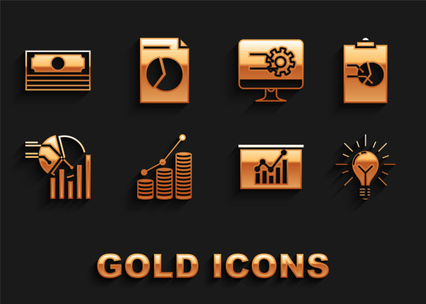 集饼图信息图和硬币，剪贴板与，灯泡光线照耀概念的想法，板，电脑显示器，堆栈纸币现金和文件图标。向量图片下载