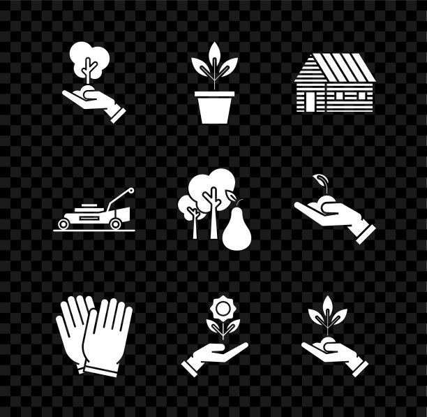 集环保树，花盆，农家，园艺手套，手捧花，植物，割草机和梨子图标。向量图片下载