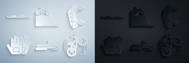 设置雪地摩托，膝盖垫，手套，自行车戏法，在街道坡道和滑雪板图标。向量图片下载