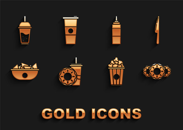 Set Paper glass with drinking straw and donut, Knife, donut sweet glaze, Popcorn cardboard box, Nachos plate, Sauce bottle, glass of lemonade and water icon。向量图片下载