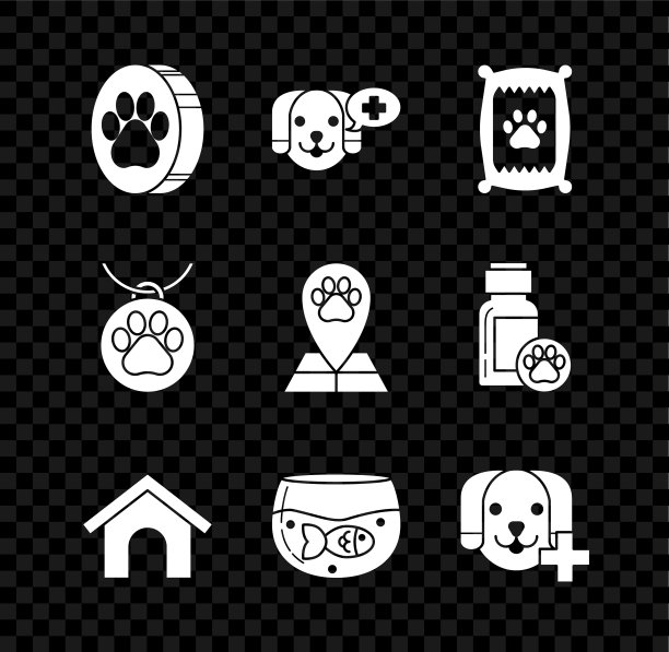 设置爪印，兽医诊所符号，袋食物的狗，狗房子，水族馆与鱼，项圈名称标签和地图指针兽医医院图标。向量图片下载