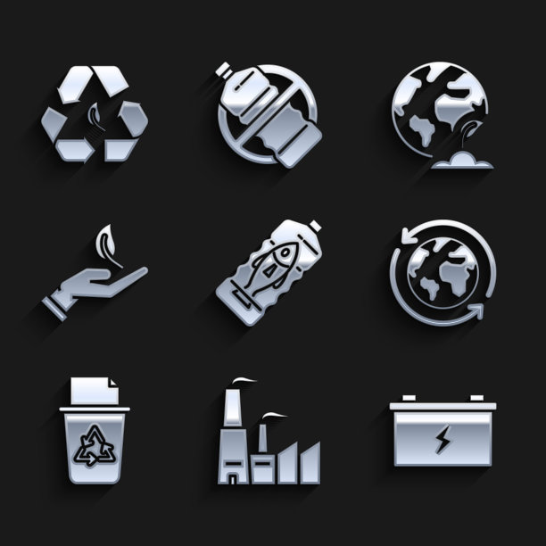 设有“停止海洋塑料污染”、“工厂”、“汽车电池”、“地球与回收”、“回收站”、“环保之手”、“地球植物与树叶”等图标。向量图片下载