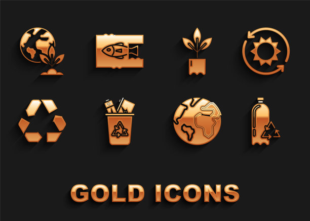 设置回收站与回收标志，太阳能面板，回收塑料瓶，地球地球，植物，植物和停止海洋污染图标。向量图片下载