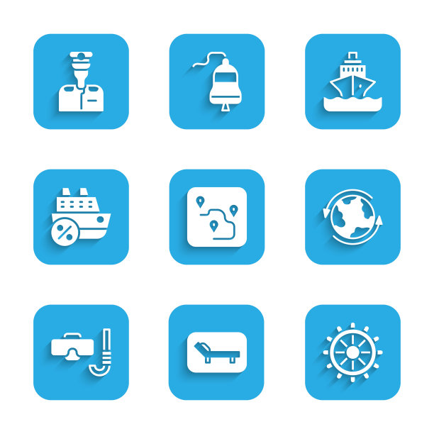 设置路线位置，太阳床和伞，船舶方向盘，世界范围内，潜水面罩通气管，游轮，和船长的图标。向量图片下载