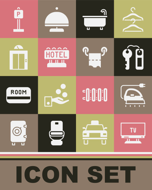 设置智能电视，电熨斗，酒店门锁钥匙，浴缸，带文本的招牌，电梯，停车场和卫生纸卷图标。向量图片下载