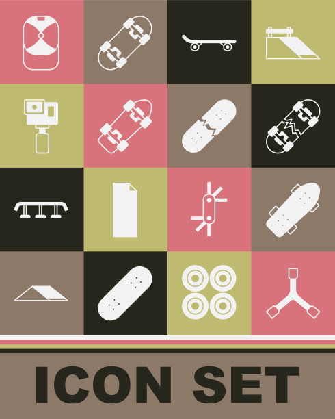 设置滑板y型工具，破滑板，动作相机，棒球帽和甲板图标。向量图片下载