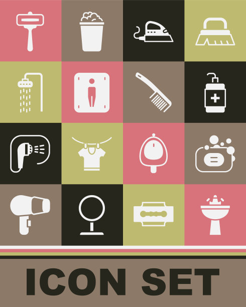 洗脸盆配有水龙头，香皂，洗手液瓶，电熨斗，男厕所，淋浴器，剃须刀和发刷图标。向量图片下载