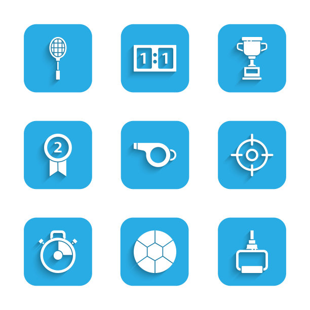 设置哨子，足球，TPX循环训练设备，目标运动，秒表，奖牌，奖杯和网球球拍图标。向量图片下载