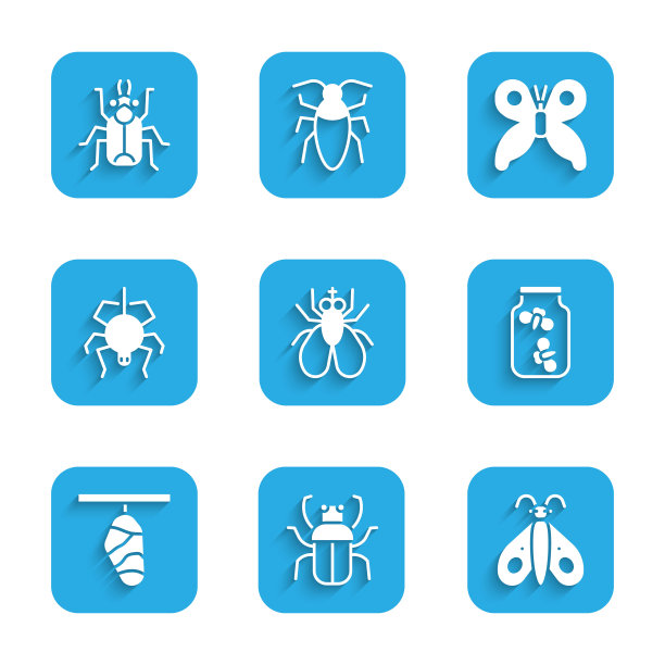 设置昆虫飞，臭虫，蝴蝶，萤火虫虫子一个罐子，茧，蜘蛛，甲虫图标。向量图片下载