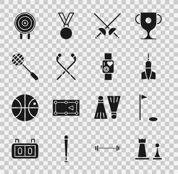 Set Chess, Golf flag, Dart arrow, Fencing, Ice hockey sticks, Tennis racket, Target sport and Smart watch showing heart beat rate icon. Set Chess, Golf flag, Dart arrow, Fencing, Ice hockey sticks, Tennis racket, Target sport and Smart watch showing heart beat rate icon。向量图片下载