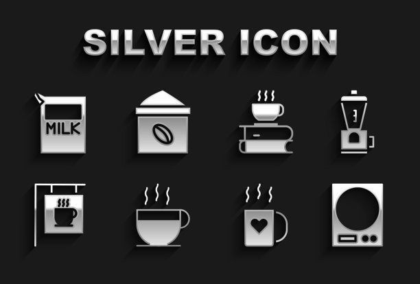 集咖啡杯，电动咖啡研磨机，电子秤，和心，街道招牌，书，纸包牛奶和袋豆的图标。向量图片下载