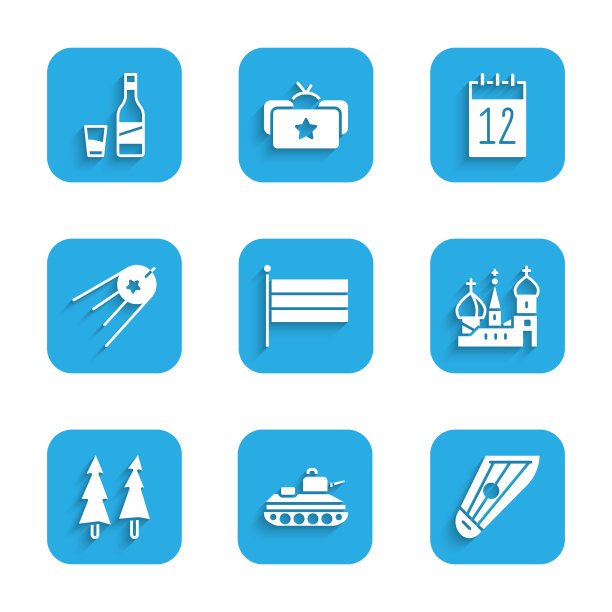 设置俄罗斯国旗，军用坦克，坎克尔斯，圣巴兹尔大教堂，圣诞树，卫星，日历6月12日和伏特加酒瓶与玻璃图标。向量图片下载