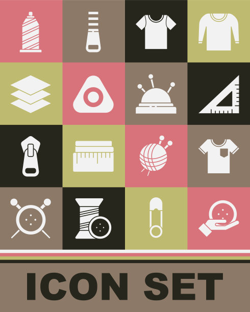 集缝纫纽扣，t恤，三角形尺，粉笔，层服装纺织品，线和针床和针的图标。向量图片下载