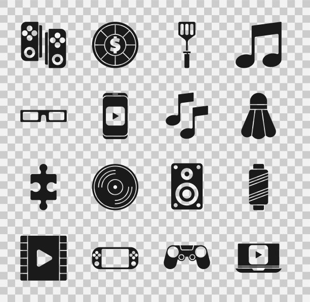 设置在线播放视频，缝纫线在线轴上，羽毛球羽毛球，刮刀，电影眼镜，手柄和音乐笔记，音调图标。向量图片下载