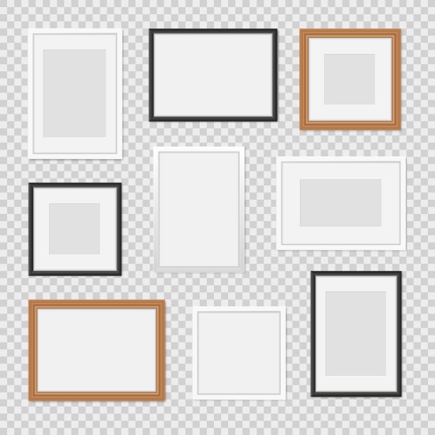 现实的图像帧。简单的墙画边框，现代极简的框架风格，不同类型的法棍配路路通。向量组图片下载