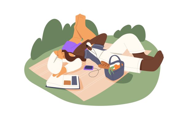 一对放松的男人和女人在户外的野餐毯上休息，阅读书籍和听音乐。男朋友和女朋友在自然的食物篮子。平面矢量插图孤立在白色图片下载