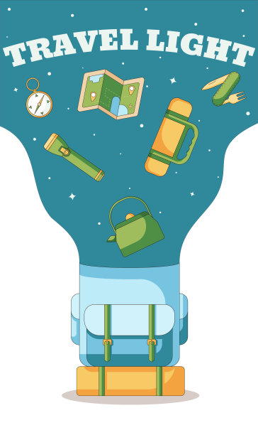 向量横幅为旅行地点与帐篷在野外，旅行轻与所有必要的设备。图片下载