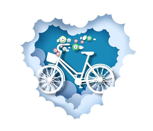 自行车与花篮内剪纸心形云，矢量插图。喜欢自行车。情人节卡片。图片下载