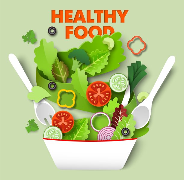 新鲜蔬菜片落在碗中，矢量剪纸插图。健康饮食，素食。烹饪沙拉。图片下载