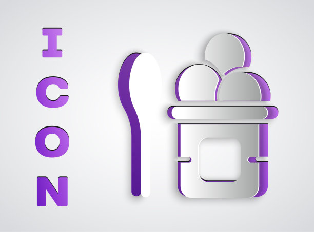 剪纸冰淇淋在碗和勺子图标孤立在灰色背景。甜蜜的象征。纸艺术风格。向量图片下载