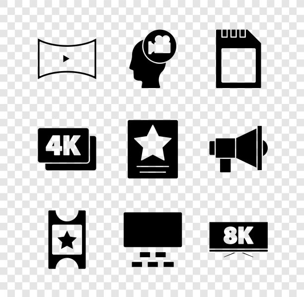 设置在线播放视频，头与相机，SD卡，电影票，礼堂座椅，屏幕电视8k, 4k超高清和好莱坞星光大道图标。向量图片下载