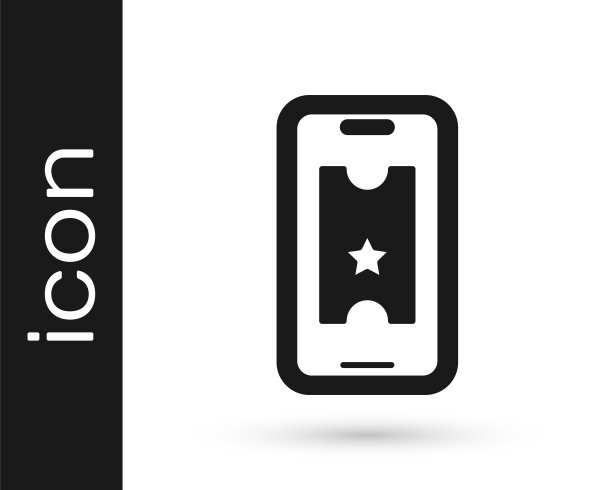 黑色买电影票在线图标孤立在白色背景。服务的概念。向量图片下载