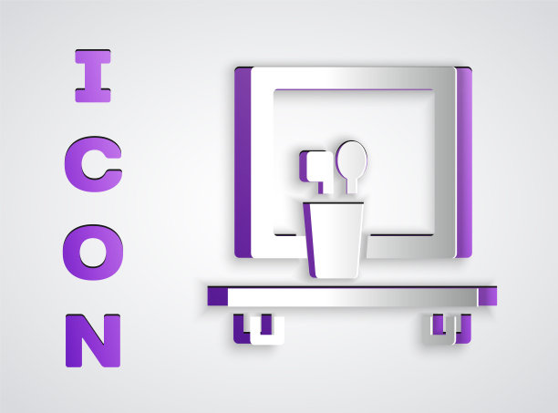 剪纸面盆镜子图标孤立在灰色背景。浴室内部有一面镜子。纸艺术风格。向量图片下载