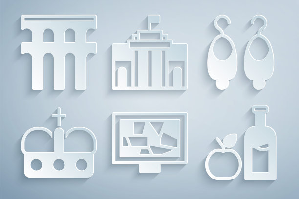 集合图片艺术，耳环，西班牙皇冠，苹果酒瓶，普拉多博物馆和塞戈维亚渡槽图标。向量图片下载