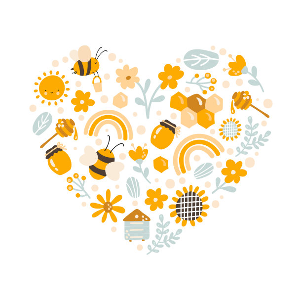 孩子多彩的爱向量手绘集蜂蜜卡通涂鸦对象。婴儿符号和物品。心型构成模式图片下载